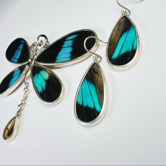 Super Pretty Real Blue Butterfly Sterling Silver Pendant and Earrings Set - Picture 5 of 9